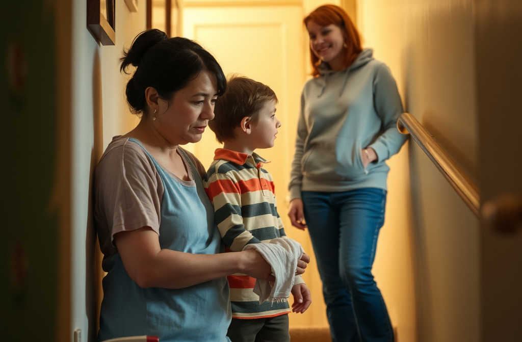 Proszę Pani, znowu zabrała Pani syna do pracy? Nie jest Pani trochę wstyd? Przeszkadza nam. Mówi głośno. Już Panią ostrzegaliśmy, iż jeżeli jeszcze raz go Pani przyprowadzi, zrezygnujemy z Pani usług!