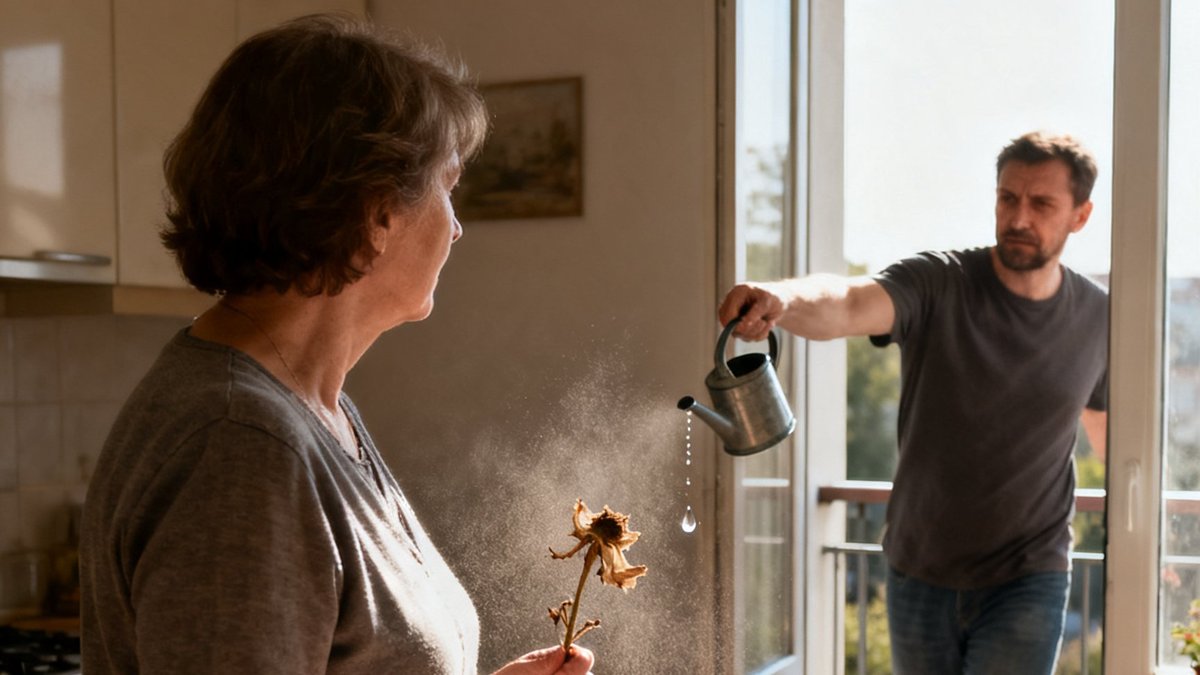 Czternaście doniczek na balkonie, jeden przekręcony klucz